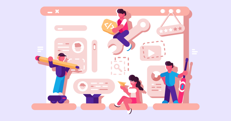 Illustration of diverse characters engaged in digital design and development activities, including coding, using tools, and collaborating, set against a colorful web interface background.