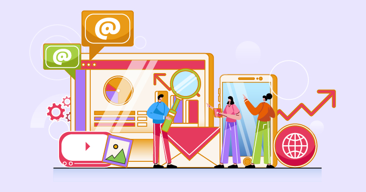 Illustration of three people interacting with digital marketing tools, including a smartphone and a computer screen displaying graphs and images, symbolizing online engagement and analytics.