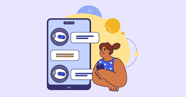Illustration of a woman interacting with a smartphone displaying a chat interface, featuring a chatbot. The background includes colorful abstract shapes, emphasizing digital communication and technology.