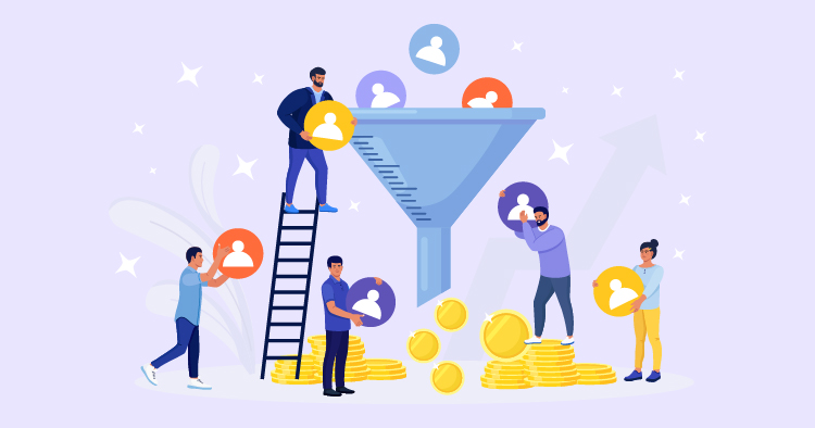 Illustration of a business funnel process, featuring diverse individuals collecting and filtering user icons into a funnel, with stacks of gold coins symbolizing revenue growth and investment potential. The background includes upward arrows, representing business success and growth strategies.