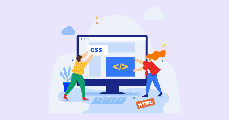 Illustration of two characters working on web development, with one holding a "CSS" sign and the other a "HTML" sign, as they collaborate on a computer screen displaying code elements. The background features a plant and design elements, emphasizing a creative coding environment.