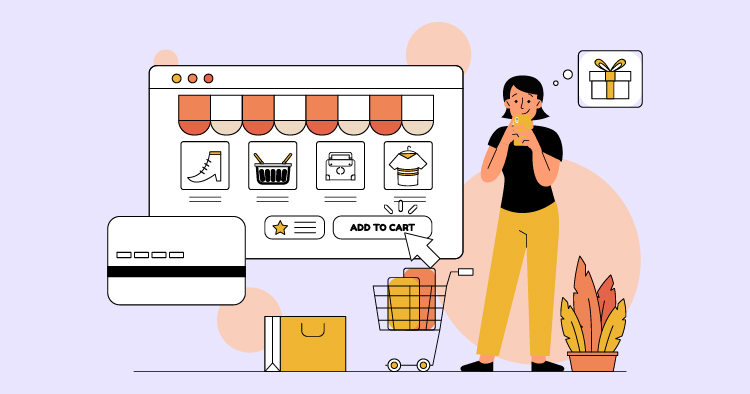 Illustration of a woman shopping online, holding a smartphone, with a shopping cart and various product icons on a computer screen, emphasizing e-commerce and online retail.