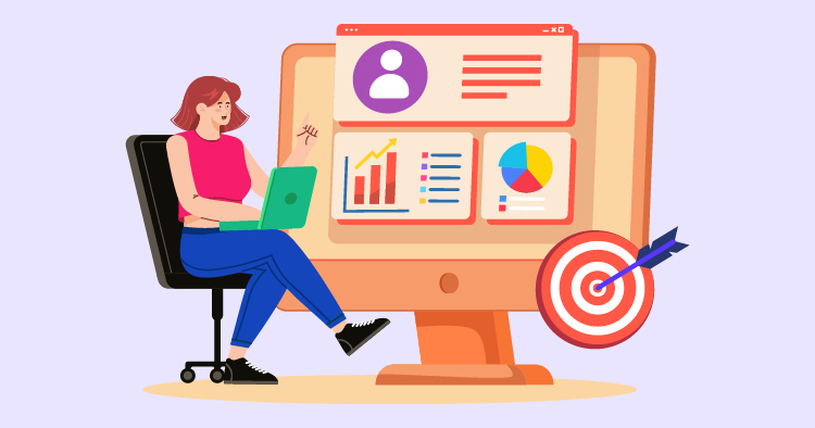 Woman working on a laptop in front of a large monitor displaying graphs and charts, symbolizing data analysis and digital marketing strategies.