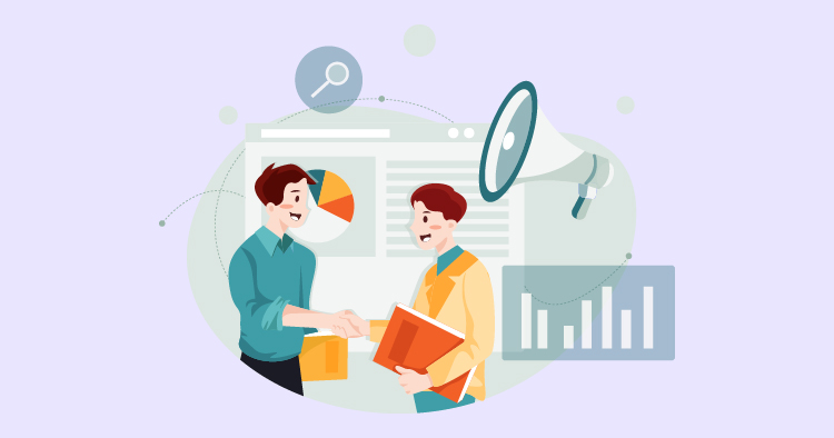 Two business professionals shaking hands, surrounded by charts, graphs, and a megaphone, representing collaboration and marketing strategies in a modern office setting.