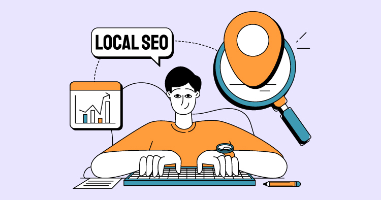 Illustration of a person working on a computer, focusing on local SEO strategies, with graphs and a magnifying glass symbolizing search optimization. The image highlights the importance of local search visibility for businesses.