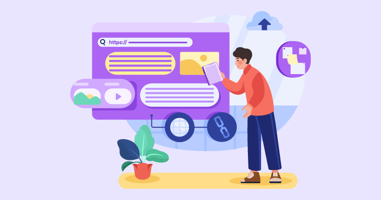 A person using a tablet to interact with a digital interface featuring a search bar, images, and multimedia elements, surrounded by a potted plant, illustrating online content creation and digital marketing concepts.