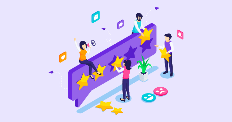 Illustration of a diverse group of people engaging in a positive feedback process, placing stars on a large speech bubble. The scene includes individuals celebrating and interacting, with icons representing communication and social media. A plant and colorful icons are also present, emphasizing a collaborative and vibrant atmosphere.