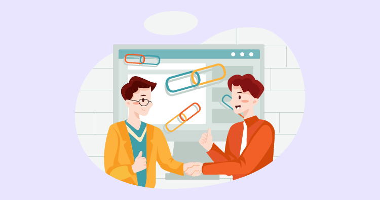 Two men shaking hands in a business setting, with colorful paperclips and a computer screen in the background, symbolizing collaboration and partnership.