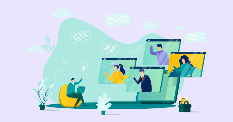 Illustration of a person sitting on a bean bag using a laptop, engaging in virtual communication with multiple people displayed on screens, showcasing remote collaboration and online meetings.