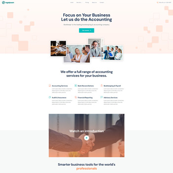 Homepage of an accounting and consulting firm showcasing their services, including accounting, payroll, and advisory solutions, with images of professionals collaborating and a call-to-action button for an introduction video.