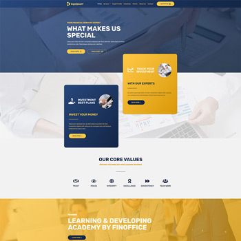 Homepage of a financial services website featuring sections on investment plans, expert tracking, core values, and a learning academy by Finnoffice, designed with a modern layout and a blue and yellow color scheme.