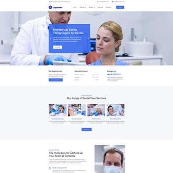 Dental clinic homepage showcasing modern dental technologies, featuring a dentist examining a patient. The layout includes appointment booking options, operating hours, emergency contact, and an overview of dental services offered.