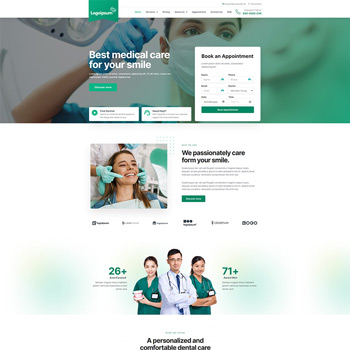 Homepage of a dental clinic featuring a smiling patient receiving care, with a focus on personalized dental services, appointment booking options, and professional staff.