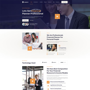 Homepage of a financial planning service featuring professional advisors discussing plans, user-friendly navigation, and sections highlighting technology used for financial resources and income models.