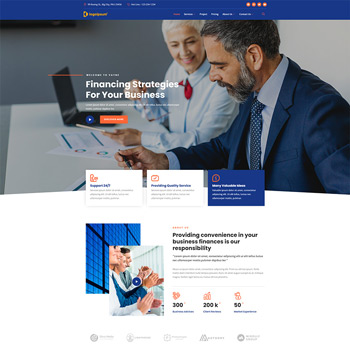 Professional financial consultation scene with two business people discussing strategies, featuring an engaging website layout focused on financing solutions for businesses.
