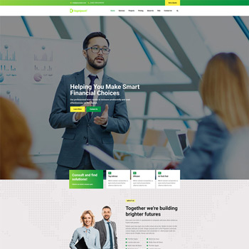 A professional financial advisor presenting strategies for smart financial choices in a modern office setting, with charts and graphs in the background. The website layout features a clear call to action for consultations and emphasizes building brighter financial futures.