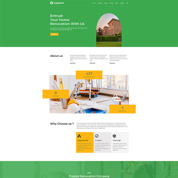 Homepage of a home renovation company featuring a vibrant green and orange design, showcasing a welcoming message about home renovation services, statistics on completed projects, and reasons to choose their experienced team.