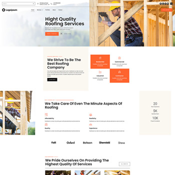 Image of a website homepage showcasing high-quality roofing services, featuring a construction worker installing roofing materials, with clear navigation options and service highlights.
