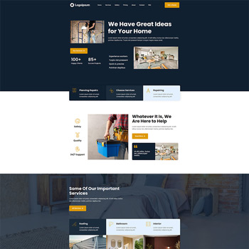 Website homepage design showcasing modern home decor ideas, featuring a dark blue and white color scheme, various sections highlighting interior design tips, product recommendations, and user engagement options.
