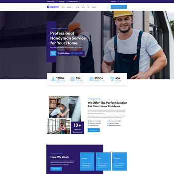 Image of a smiling male handyman wearing a hard hat and overalls, standing in front of a home service website, promoting professional home repair solutions. The layout features a clear call to action and highlights various services offered.
