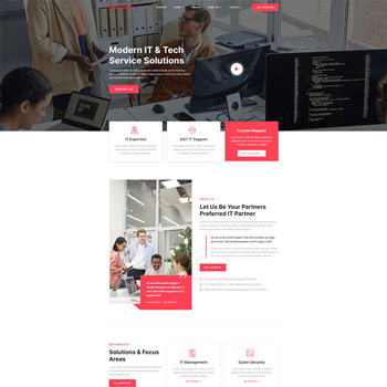 Homepage of a modern IT and tech service solutions website, showcasing team collaboration, service offerings, and support options. Features sections on IT expertise, 24/7 support, and cybersecurity solutions.