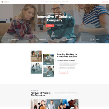 Homepage of an innovative IT solution company featuring a modern design, showcasing services such as market analysis and digital marketing, with a focus on teamwork and technology expertise.