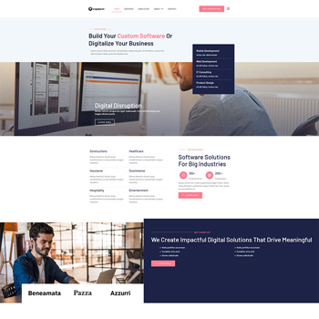 Homepage of a software development company showcasing custom software solutions, digital transformation services, and industry-specific software applications. The layout includes navigation menus, service descriptions, and a call to action for potential clients.