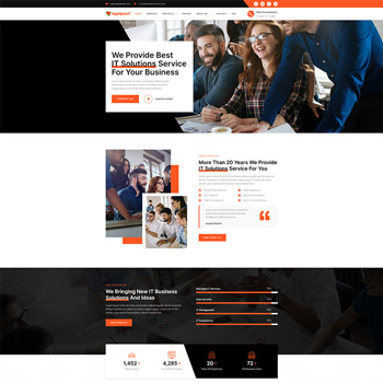 IT solutions service website homepage showcasing a diverse team collaborating, featuring key service highlights, statistics, and a professional layout aimed at businesses seeking IT support.