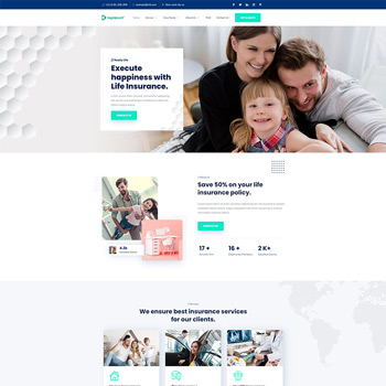 Family enjoying time together while discussing life insurance options, featuring a modern website layout with promotional offers and service highlights.