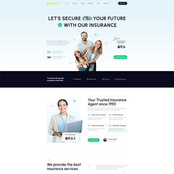 Homepage of an insurance agency featuring a family and a professional agent, emphasizing services like future security and trustworthiness. The design includes statistics and contact options for potential clients.