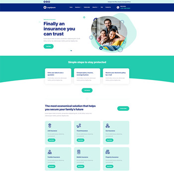 Homepage of an insurance website featuring a family with a father, mother, and child, emphasizing trust in insurance services. The layout includes navigation options for comparing insurance plans, understanding coverage, and accessing different insurance types like health, auto, and property insurance. The design highlights user-friendly steps to secure family futures.