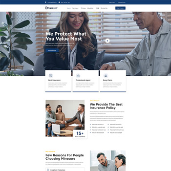 Website homepage for an insurance company featuring a professional agent assisting clients, showcasing services like best insurance policies, easy claims, and customer testimonials.