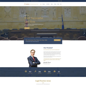 Image of a law firm website homepage featuring a professional attorney in a suit, a courtroom background, and statistics highlighting the firm's success. The design emphasizes legal expertise and client commitment.