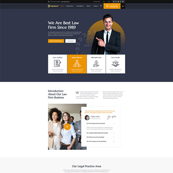 Homepage of a law firm featuring a professional lawyer in a suit, with sections highlighting certification, expertise, and client-friendly services. The layout includes an introduction to the firm and a video presentation, emphasizing their legal practice areas and commitment to clients since 1989.