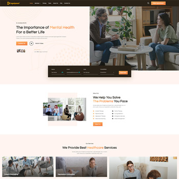 Homepage of a mental health website featuring a welcoming design, emphasizing mental health importance and healthcare services, with images of individuals in supportive conversations and professional settings.