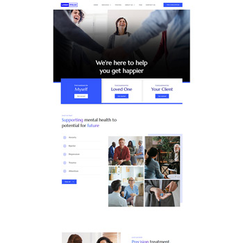 Image of a mental health support website homepage featuring a welcoming message and options for individuals seeking help for themselves or loved ones. The layout includes sections on various mental health topics and treatment approaches, emphasizing support and future potential.