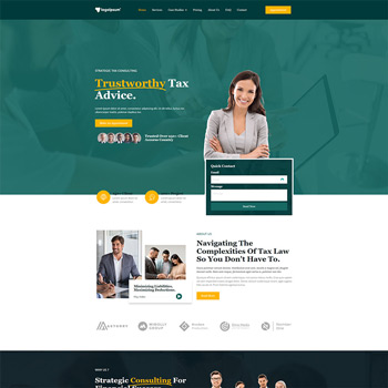 Homepage of a tax consulting website featuring a professional woman smiling, surrounded by a team of experts. The layout includes sections for tax advice, client testimonials, and a contact form for inquiries. The color scheme combines teal and yellow, emphasizing trustworthiness in tax services.