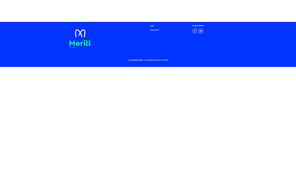 Footer of Meritt Fintech website featuring a blue background with the Meritt logo, links to legal information, privacy policy, and social media icons.