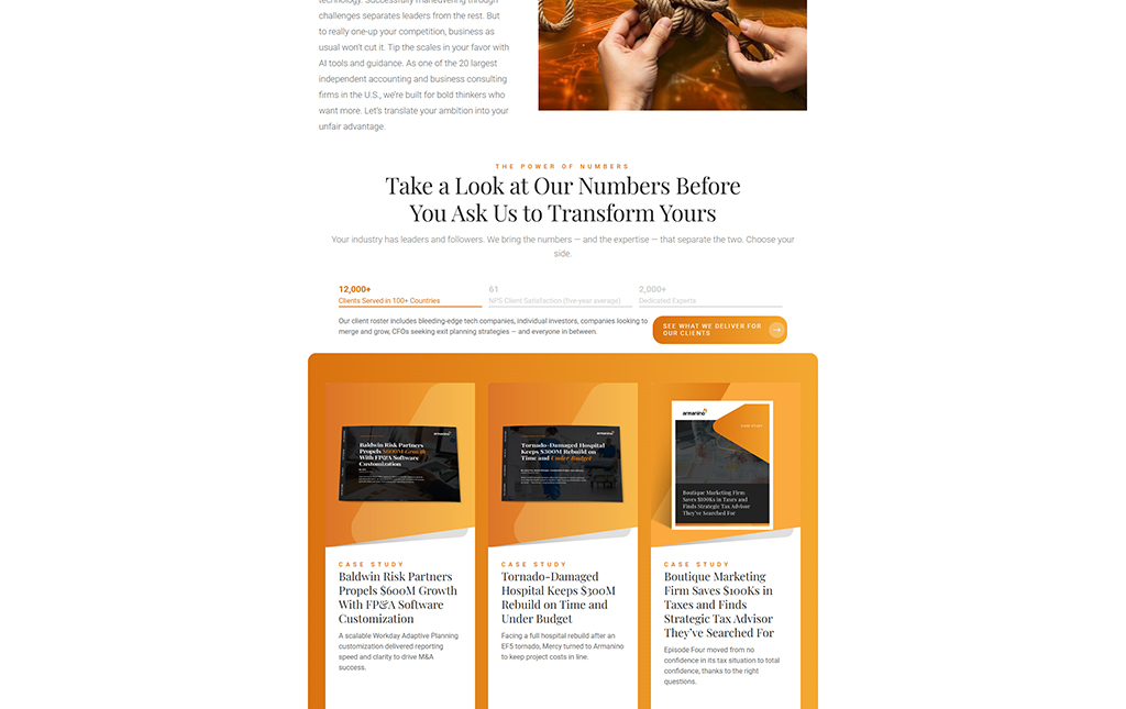 Image showcasing a webpage featuring business consulting services, highlighting client success stories and case studies, with statistics on clients served and expert advisors available.