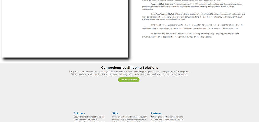 Alt text: Overview of Banyan's comprehensive shipping solutions, highlighting features for shippers, 3PLs, carriers, and supply chain partners to enhance efficiency and reduce operational costs.