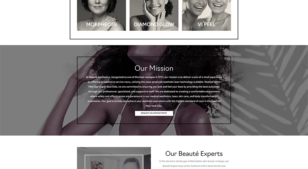 Image showcasing the services offered at Beaute Aesthetics, a New York City med spa. Features include Morpheus8, Diamond Glow, and VI Peel treatments, highlighting the spa's commitment to advanced aesthetic technology and personalized care. The mission statement emphasizes safety, effectiveness, and client satisfaction in skin and body transformation services.