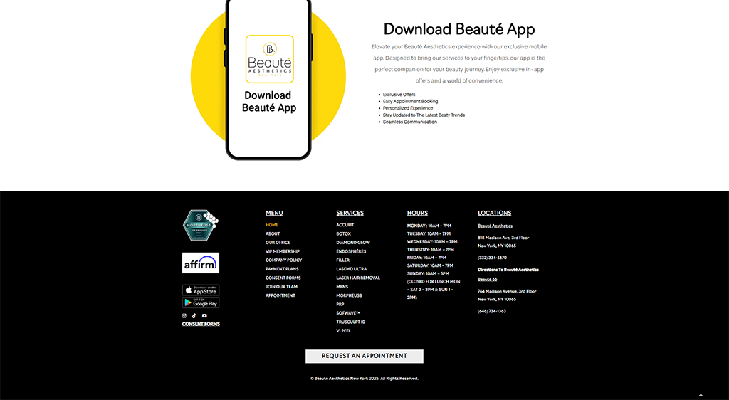 Mobile phone displaying the Beauté Aesthetics app with a call to action to download, featuring exclusive offers, easy appointment booking, and updates on beauty trends. The background includes a footer with services, hours, and location details for Beauté Aesthetics in New York City.