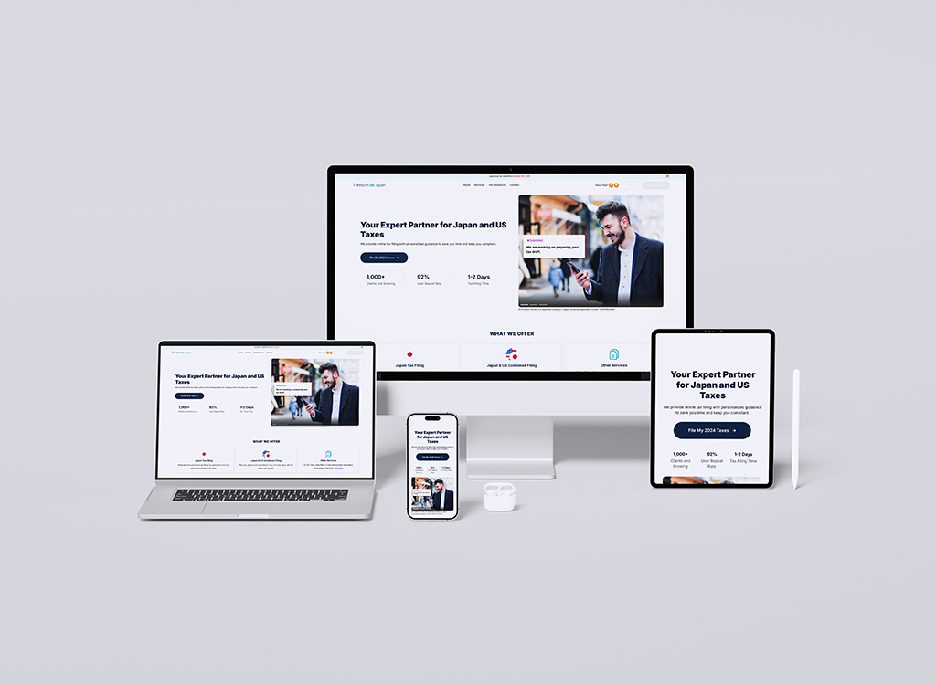 A collection of devices displaying a website offering expert services for Japan and US taxes, featuring statistics like 1,000+ clients served and 92% satisfaction rate, along with a call-to-action to file taxes.
