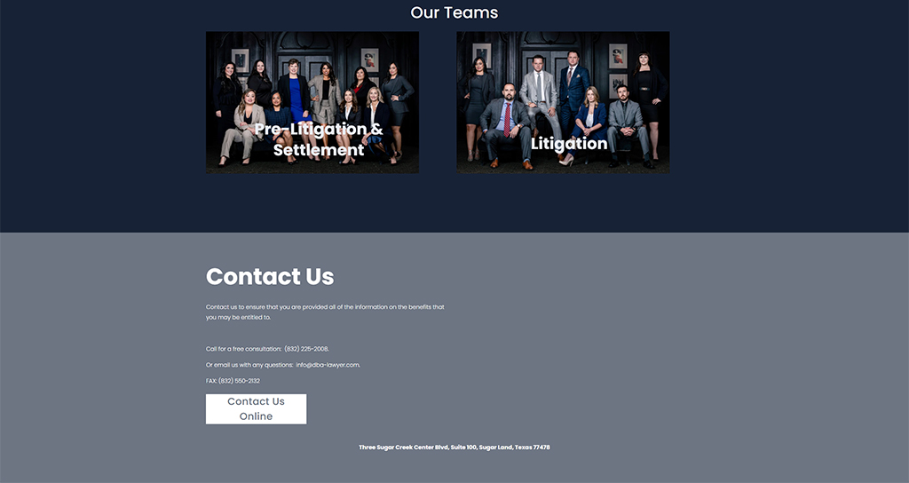 Professional team photo for a law firm, showcasing the Pre-Litigation & Settlement and Litigation teams. The image emphasizes collaboration and expertise in legal services, with members dressed in business attire against a formal backdrop.