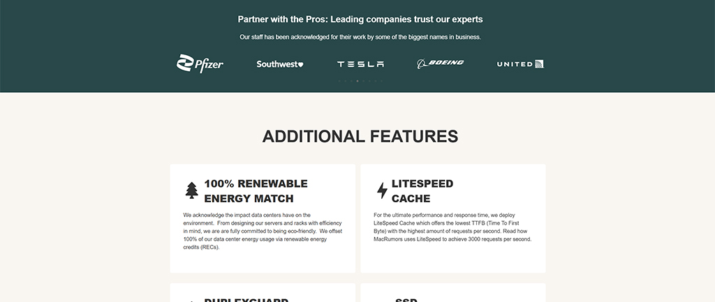 Image showcasing a website section featuring logos of major companies like Pfizer, Southwest, Tesla, Boeing, and United, along with a description of additional features including 100% renewable energy match and LiteSpeed cache for enhanced performance and efficiency.