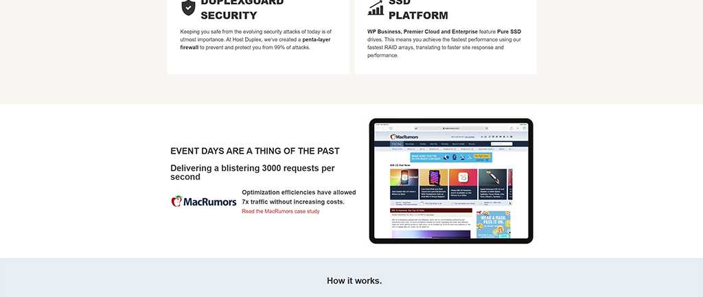 Image showcasing the features of Host Duplex, highlighting its security measures, high performance, and SSD platform capabilities. The text emphasizes the ability to handle 3000 requests per second and mentions MacRumors as a case study example of optimization efficiency.