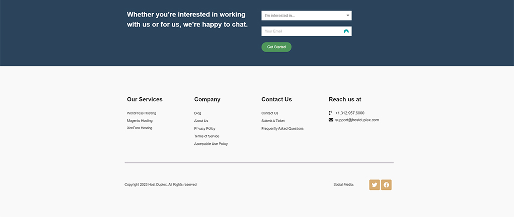 Footer section of Host Duplex website featuring service offerings like WordPress, Magento, and XenForo hosting, along with contact information, support options, and social media links. The design emphasizes customer engagement and support.