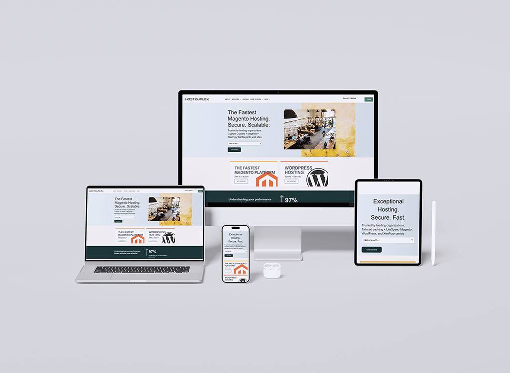 Responsive website design showcasing Host Duplex hosting services across multiple devices, including a desktop, laptop, tablet, and smartphone, emphasizing fast, secure, and scalable Magento and WordPress hosting solutions.