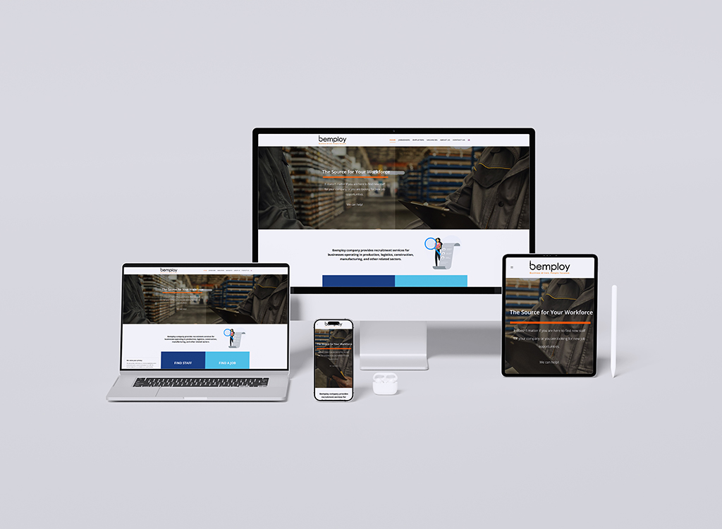 Image showcasing multiple devices displaying the Bemploy website, which offers recruitment services for staffing in manufacturing and logistics sectors. The screens show a user-friendly interface with options to find staff and jobs, emphasizing Bemploy as a resource for workforce solutions.