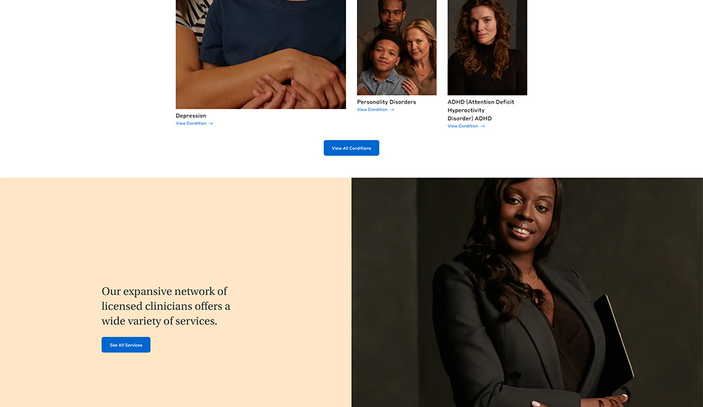 Collage of diverse individuals showcasing mental health conditions such as depression, personality disorders, and ADHD, alongside a professional clinician promoting a network of licensed therapists offering various mental health services.